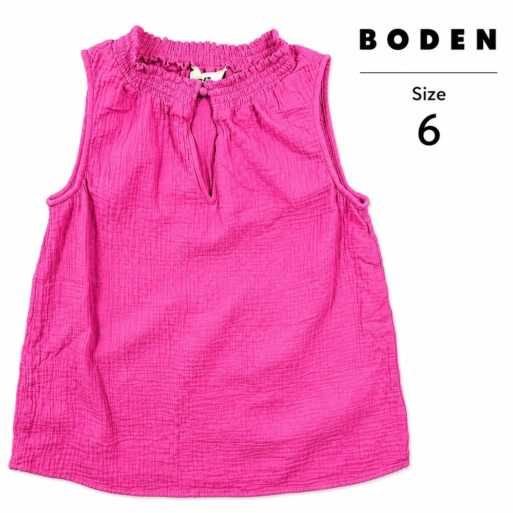 Boden Pink Textured Cotton Gauze Sleeveless Smocked Keyhole Blouse Top US 6